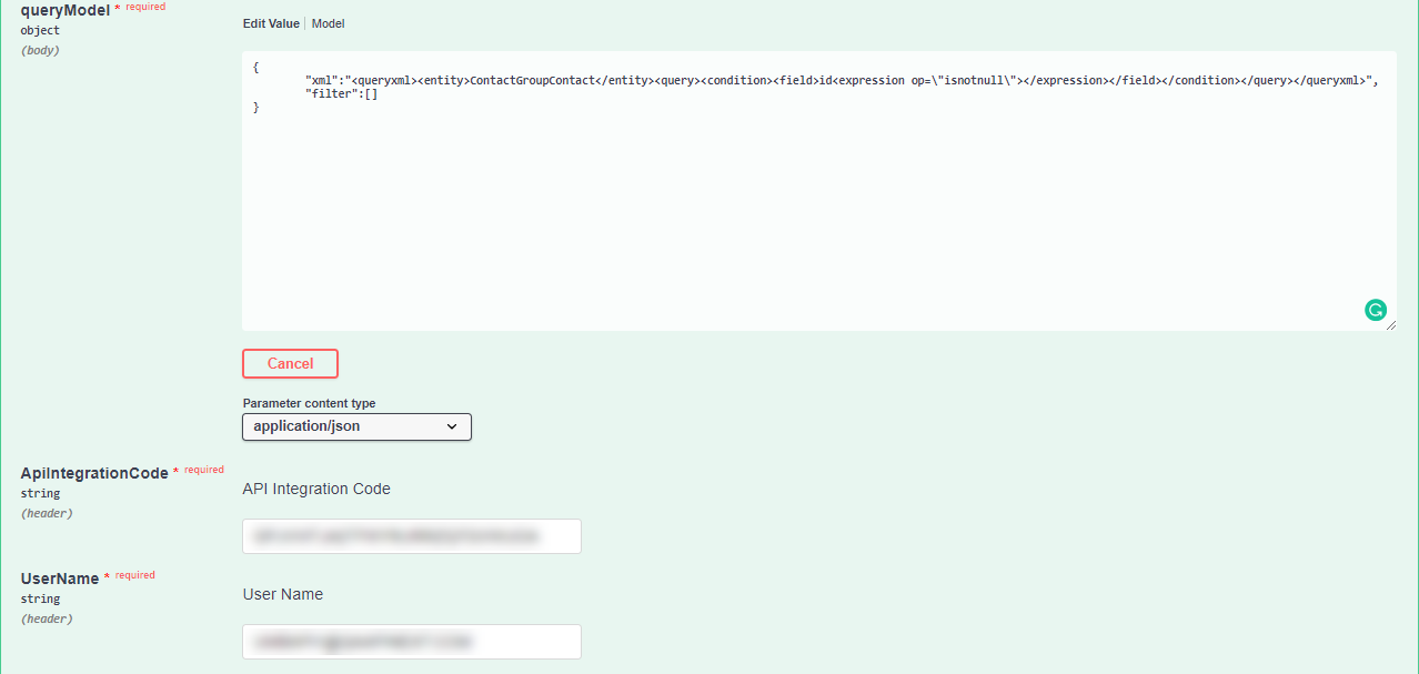 A screenshot of a user completing required fields in the Swagger UI for the REST API.